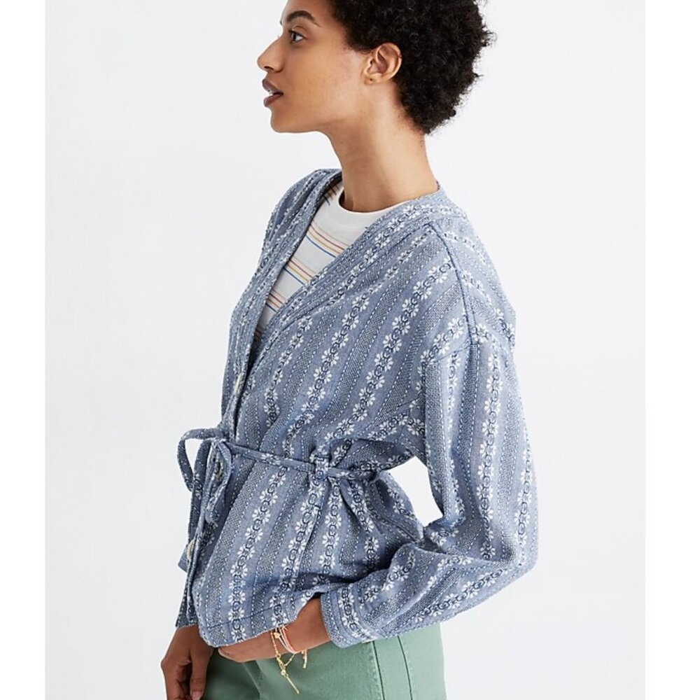 Madewell Blue Quilted Floral Jacquard Tie-Waist Shirt Blouse Size Medium - Picture 2 of 11
